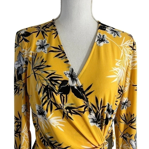 Anne Klein NEW Yellow Tropical Floral Dress 6 Jersey Stretch Draped Knee Length - Picture 4 of 11